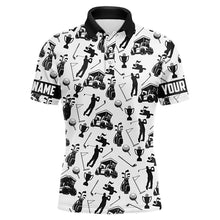 Load image into Gallery viewer, Black and White Golf icons pattern Mens Golf Polo Shirts custom male golf attire mens golf gifts NQS9187