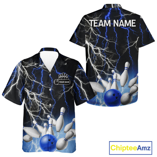 Bowling Hawaiian Shirt Custom Blue lightning thunder team bowling league jerseys NQS11261