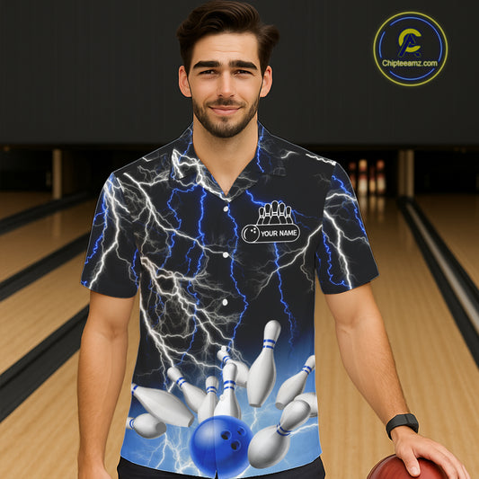 Bowling Hawaiian Shirt Custom Blue lightning thunder team bowling league jerseys NQS11261