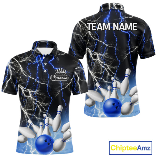 Men's bowling Polo, Quarter Zip shirts Custom Blue lightning thunder team bowling league jerseys NQS11261