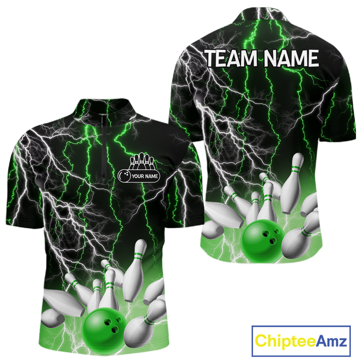 Men's bowling Polo, Quarter Zip shirts Custom Green lightning thunder team bowling league jerseys NQS11262