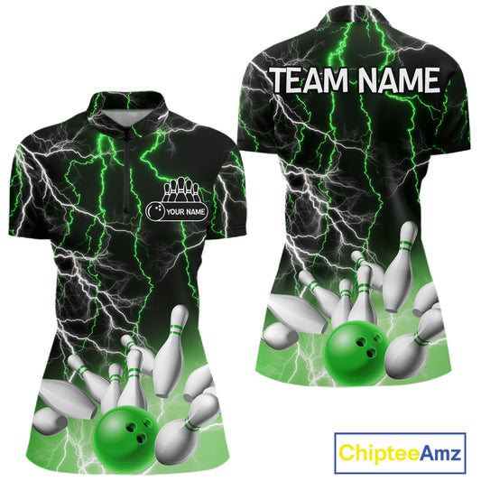 Women's bowling Polo, Quarter Zip shirts Custom Green lightning thunder team bowling league jerseys NQS11262