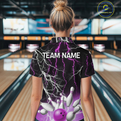 Women's bowling Polo, Quarter Zip shirts Custom Purple lightning thunder team bowling league jerseys NQS11263