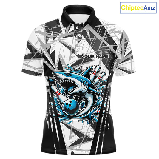 Black and White Camo Shark Bowling Team Shirts For Men Custom Shark Bowling Polo, Quarter Zip Shirt NQS11471