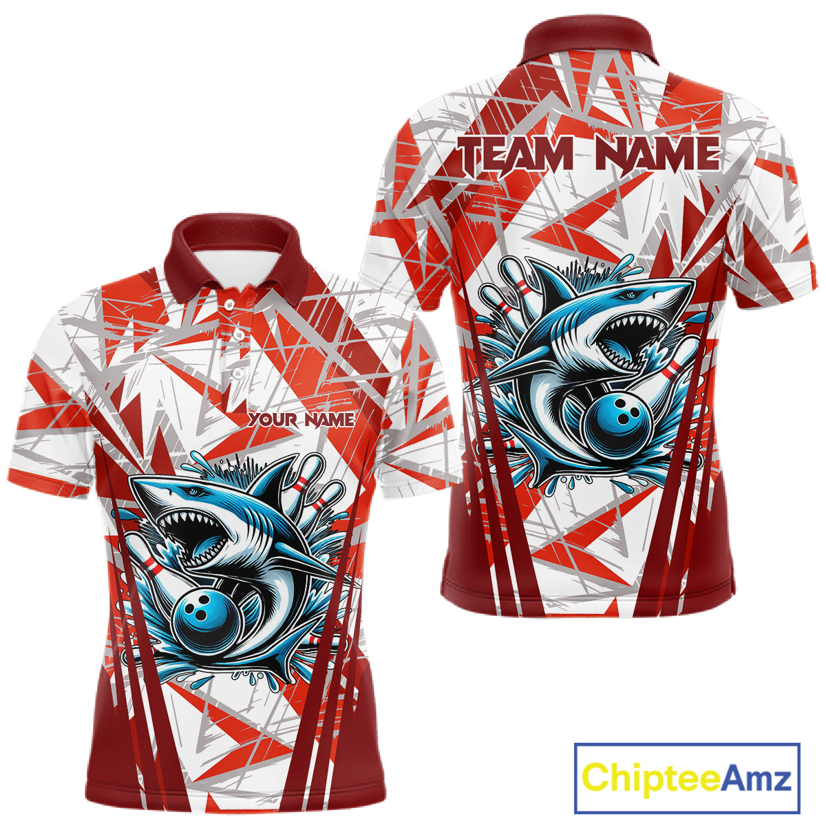 Red and White Camo Shark Bowling Team Shirts For Men Custom Shark Bowling Polo, Quarter Zip Shirt NQS11472
