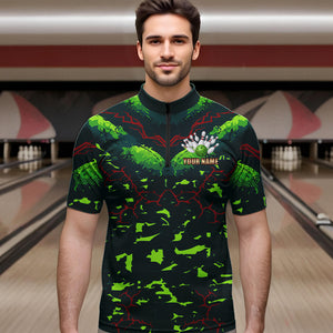 Personalized Green Camo Bowling Polo, 1/4 Zip shirts for Men custom St Patrick Day Bowling Team Jersey NQS9547