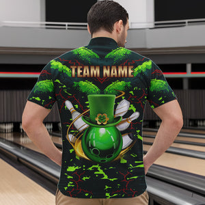 Personalized Green Camo Bowling Polo, 1/4 Zip shirts for Men custom St Patrick Day Bowling Team Jersey NQS9547