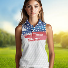 Load image into Gallery viewer, Personalized Red, White and Blue American Flag Women sleeveless polo shirt, patriotic ladies golf tops NQS9550