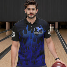Load image into Gallery viewer, Personalized Black and Blue Flame Bowling Shirts For Men Custom Fire bowling jerseys NQS9552