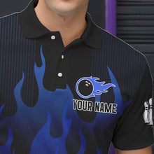 Load image into Gallery viewer, Personalized Black and Blue Flame Bowling Shirts For Men Custom Fire bowling jerseys NQS9552