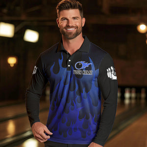 Personalized Black and Blue Flame Bowling Shirts For Men Custom Fire bowling jerseys NQS9552