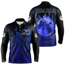Load image into Gallery viewer, Personalized Black and Blue Flame Bowling Shirts For Men Custom Fire bowling jerseys NQS9552