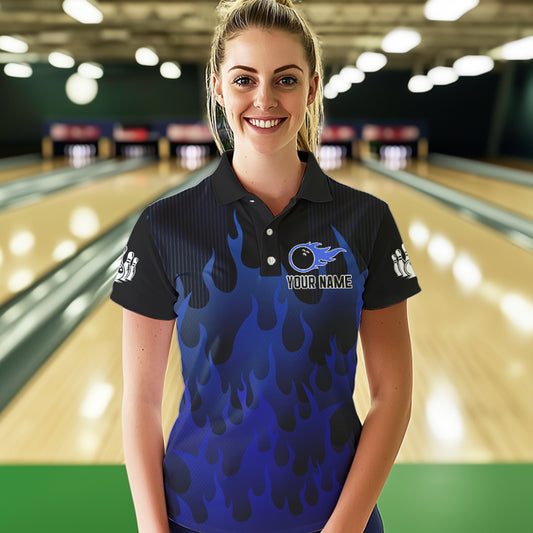 Personalized Black and Blue Flame Bowling Shirts For Women Custom Fire bowling jerseys NQS9552