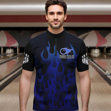 Load image into Gallery viewer, Personalized Black and Blue Flame Bowling Shirts For Men Custom Fire bowling jerseys NQS9552