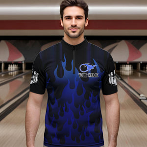 Personalized Black and Blue Flame Bowling Shirts For Men Custom Fire bowling jerseys NQS9552
