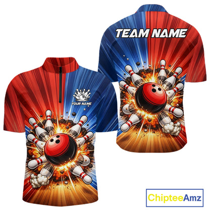 Funny Bowling Boom Polo, 1/4 Zip Shirt For Men Custom Red, White and Blue Team Bowler Jerseys NQS11660