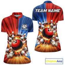 Load image into Gallery viewer, Funny Bowling Boom Polo, 1/4 Zip Shirt For Women Custom Red, White and Blue Team Bowler Jerseys NQS11660