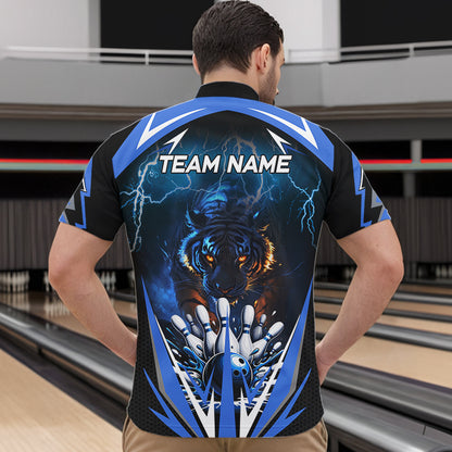 Blue Lightning Thunder Tiger Mens Bowling Polo, Quarter Zip Shirts Custom Bowler Jersey bowling outfit NQS9706