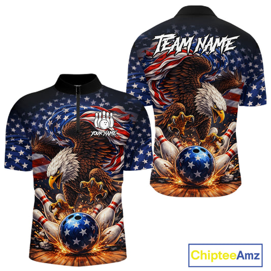 American Flag Flame Eagle Bowling Polo, 1/4 Zip Shirts For Men Custom Patriotic Bowling Team Jerseys NQS11748