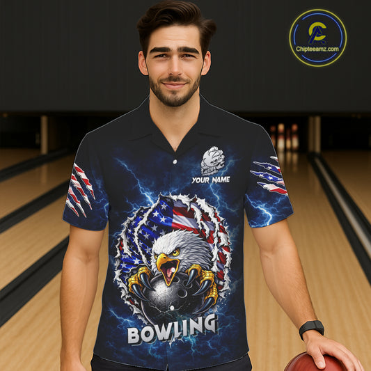 Blue Lightning Thunder US Flag Eagle Bowling Hawaiian Shirt Custom Patriotic Bowling Team Jerseys NQS11749