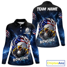 Load image into Gallery viewer, Blue Lightning Thunder US Flag Eagle Bowling Shirts For Women Custom Patriotic Bowling Team Jerseys NQS11749
