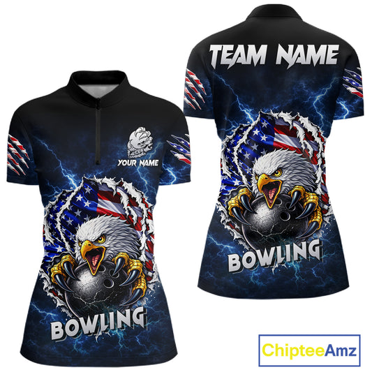 Blue Lightning Thunder US Flag Eagle Bowling Shirts For Women Custom Patriotic Bowling Team Jerseys NQS11749