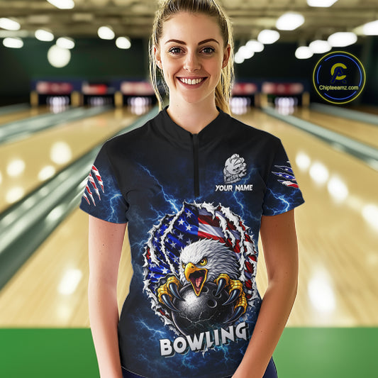 Blue Lightning Thunder US Flag Eagle Bowling Shirts For Women Custom Patriotic Bowling Team Jerseys NQS11749