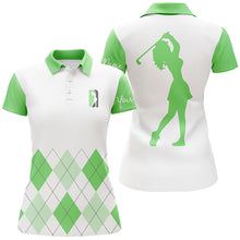Load image into Gallery viewer, Womens golf polo shirt custom green and white argyle plaid golf top for ladies NQS5257