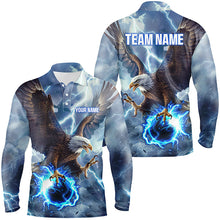 Load image into Gallery viewer, Blue lightning thunder bowling Eagle custom Men Bowling Polo Shirts, gift for team bowlers NQS7488