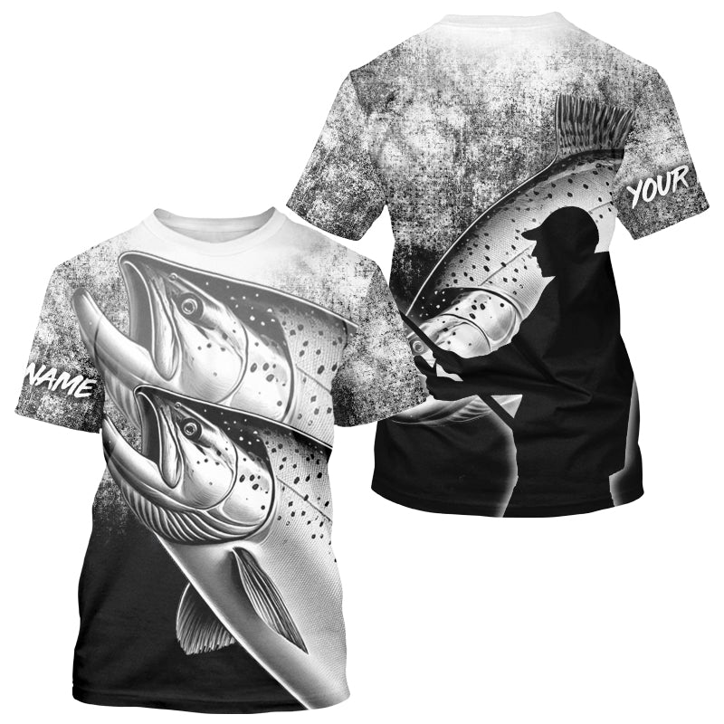 Black and white King Salmon Fishing Customize 3D All Over Printed Shirts Personalized Fishing Gifts NQS354