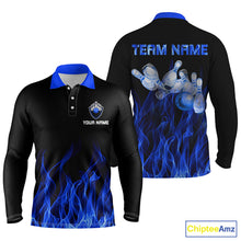 Load image into Gallery viewer, Blue personalized bowling shirt for men – custom name design side view
