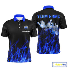 Load image into Gallery viewer, Custom Blue bowling shirt for men – personalized team jersey front view
