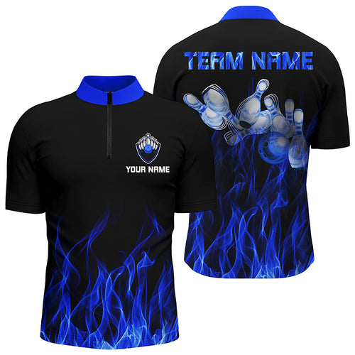 Personalized Men Quarter Zip Bowling Shirt Blue Flame Bowling Ball and Pins bowling jerseys for Bowler NQS5488