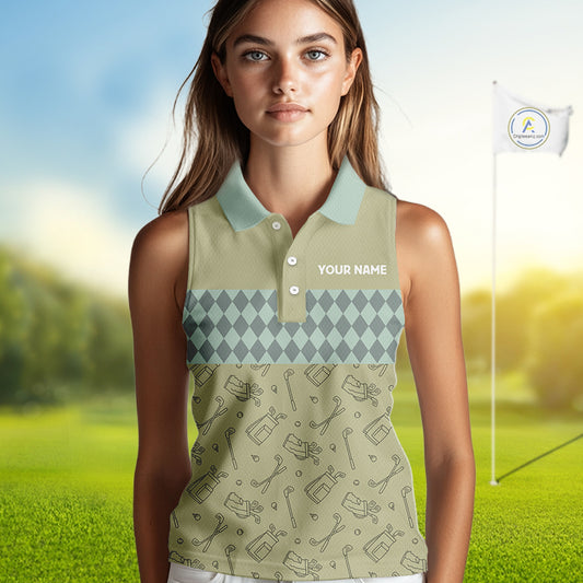 Olive Green Golf Camo argyle pattern Women sleeveless golf polo shirts custom best ladies golf wear NQS9973