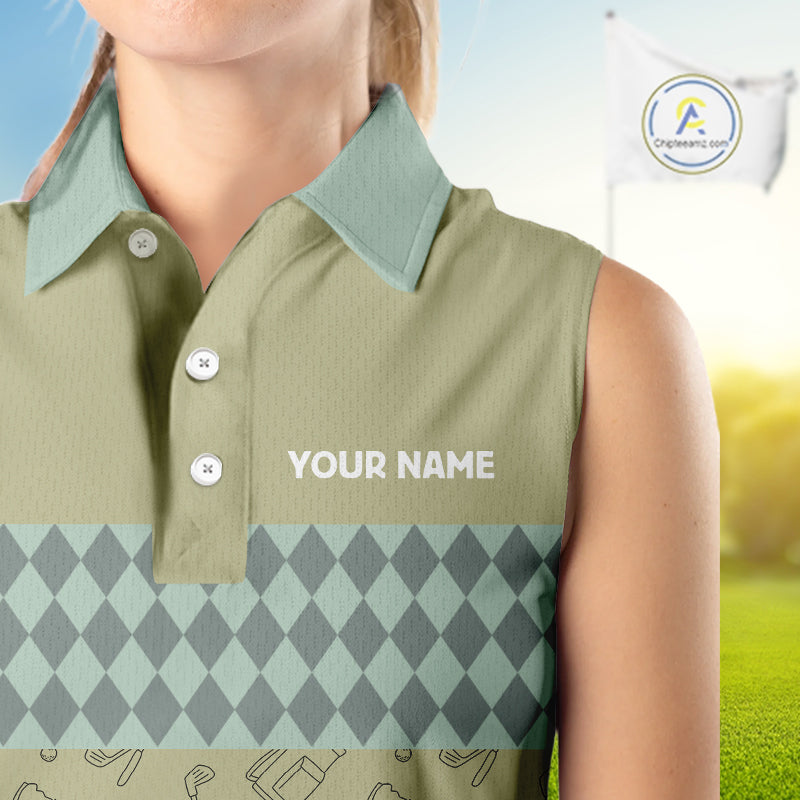 Olive Green Golf Camo argyle pattern Women sleeveless golf polo shirts custom best ladies golf wear NQS9973