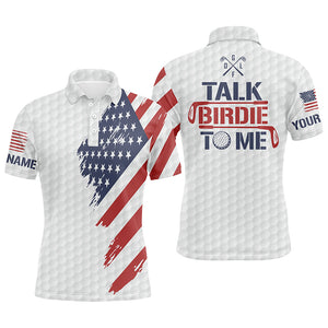 Funny Mens golf polo shirt custom American flag patriotic white golf shirts talk birdie to me NQS5755