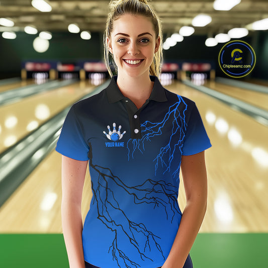 Black and Blue gradient Lightning thunder storm Bowling shirts for Women Custom Bowling Team Jerseys NQS10135
