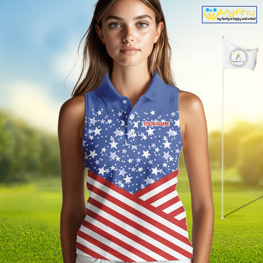 Red, White and Blue  Women sleeveless polo shirt Custom American Flag patriotic ladies Golf attire NQS10137