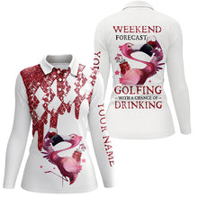 Load image into Gallery viewer, Women golf polo shirts pink glitter flamingo custom weekend forecast golfing with a chance of drinking NQS5957