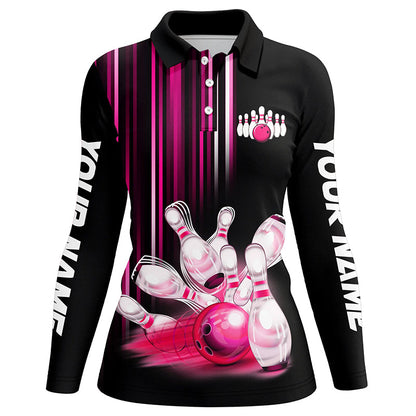 Black and pink light Women bowling Polo, Quarter Zip Shirt Custom bowling ball and pins Team jerseys NQS8067
