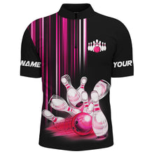 Load image into Gallery viewer, Black and pink light Men bowling Polo, Quarter Zip Shirt Custom bowling ball and pins Team jerseys NQS8067