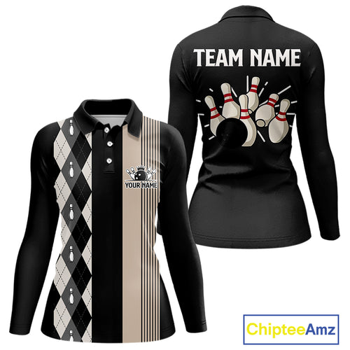 Retro Black argyle pattern Bowling shirts For Women custom bowling team jerseys Bowler Outfits NQS10276