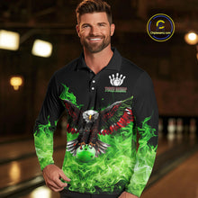Load image into Gallery viewer, Green Flame Smoke American Flag Eagle Skull Mens Bowling Shirts Custom Patriotic Bowling Team Jersey NQS10278