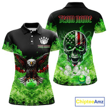 Load image into Gallery viewer, Green Flame Smoke American Flag Eagle Skull Women Bowling Shirts Custom Patriotic Bowling Team Jersey NQS10278