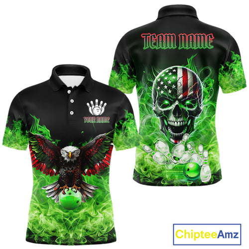 Green Flame Smoke American Flag Eagle Skull Mens Bowling Shirts Custom Patriotic Bowling Team Jersey NQS10278