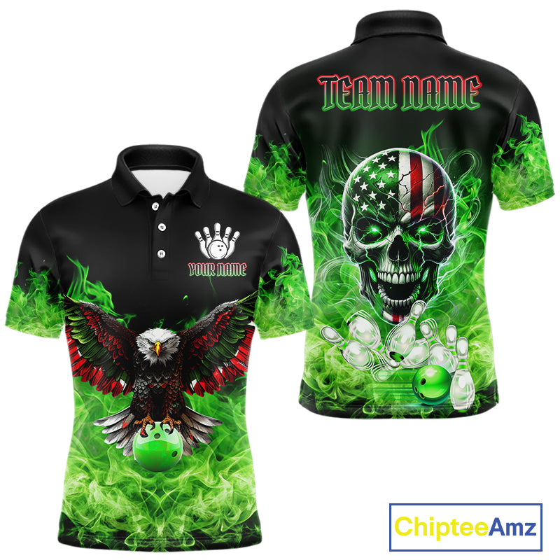 Green Flame Smoke American Flag Eagle Skull Mens Bowling Shirts Custom Patriotic Bowling Team Jersey NQS10278