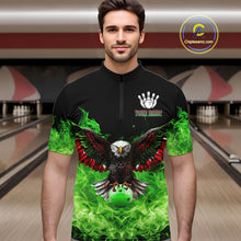 Load image into Gallery viewer, Green Flame Smoke American Flag Eagle Skull Mens Bowling Shirts Custom Patriotic Bowling Team Jersey NQS10278