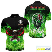 Load image into Gallery viewer, Green Flame Smoke American Flag Eagle Skull Mens Bowling Shirts Custom Patriotic Bowling Team Jersey NQS10278