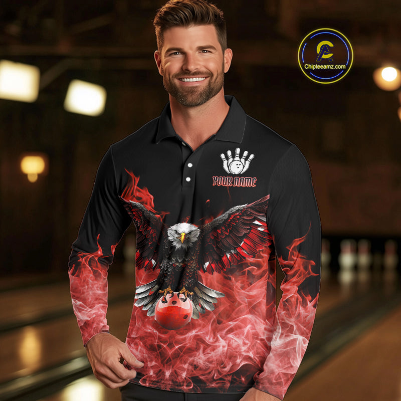Red Flame Smoke American Flag Eagle Skull Mens Bowling Shirts Custom Patriotic Bowling Team Jersey NQS10279