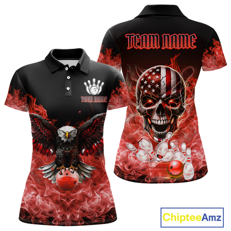 Red Flame Smoke American Flag Eagle Skull Women Bowling Shirts Custom Patriotic Bowling Team Jersey NQS10279